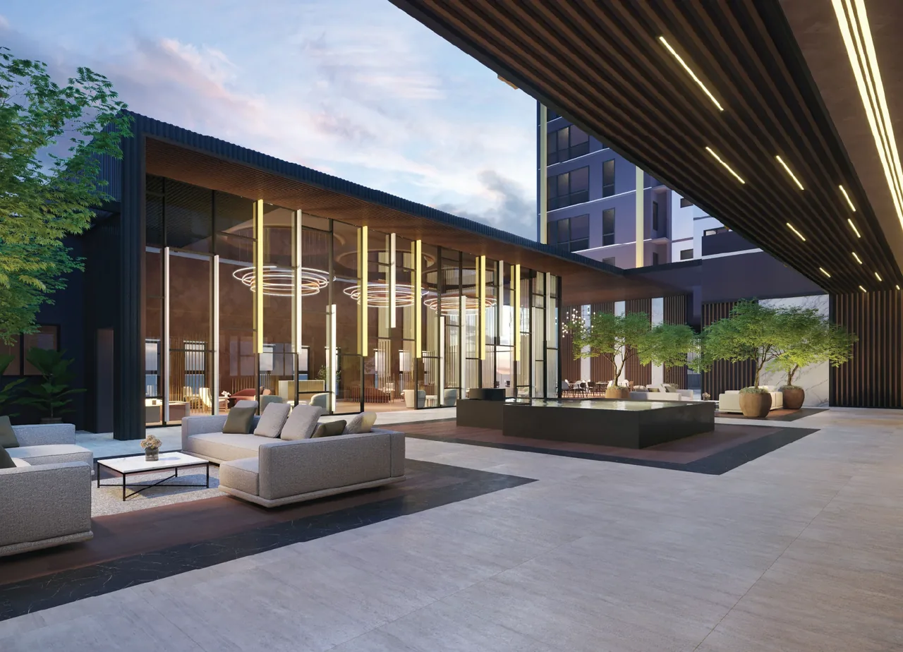 Outdoor lounge and courtyard with timber slatted ceiling at Level 10