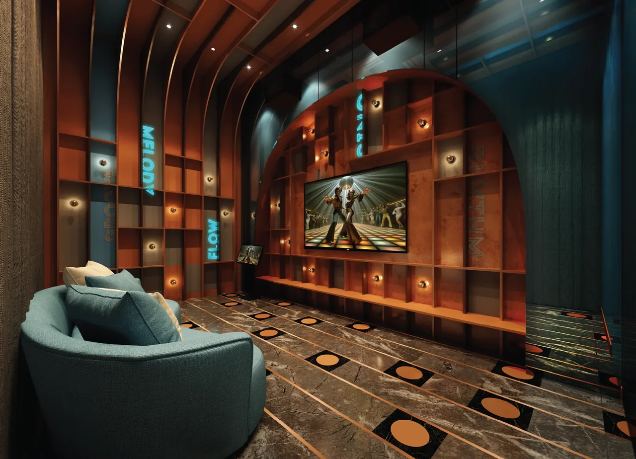 Vocalist studio with arched ceiling, neon accents and screening area