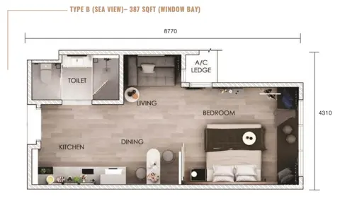 G'Vinton Type B layout — 387 sq ft one-bedroom suite